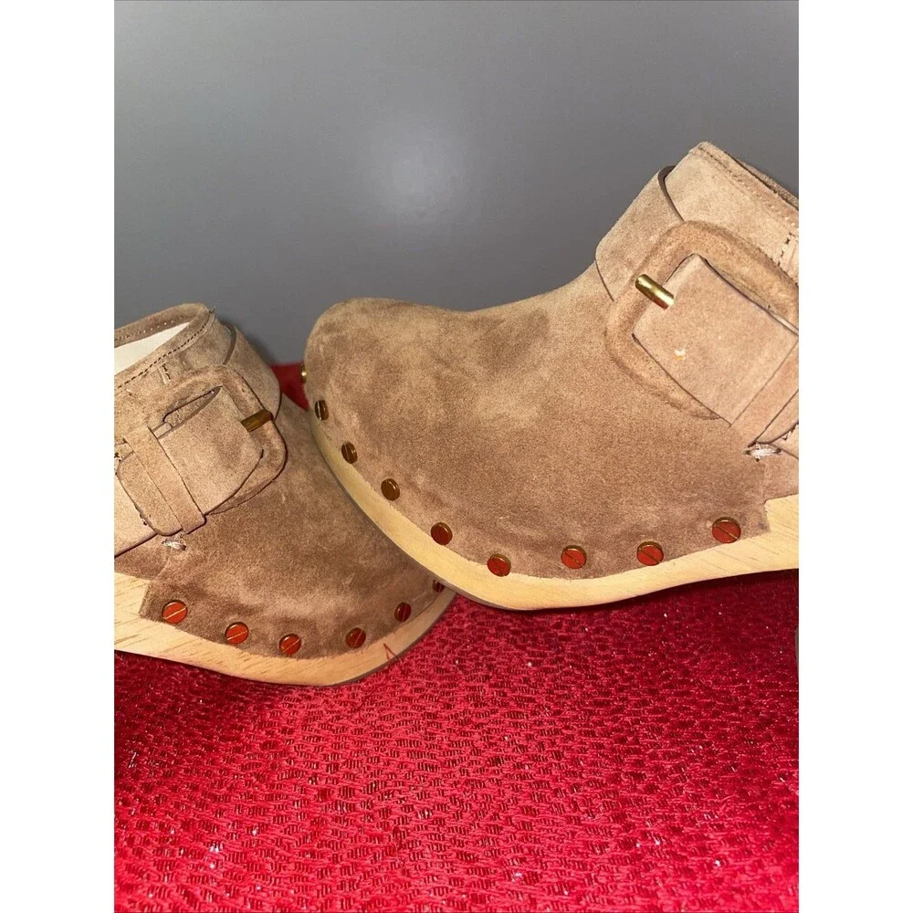 Veronica Beard Dacey Buckle Suede Clogs size 11M USA women Tan Pecan Wood Metals